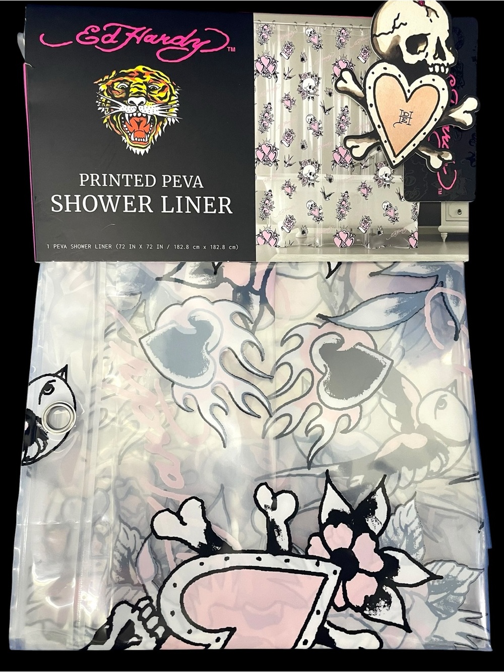 Ed Hardy Clear Shower Curtain Liner Pink Hearts Skulls Roses PEVA 72x72 NWT - Picture 3 of 5